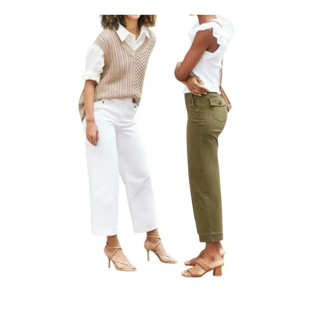 Spanx Twill Crop Wide Leg Pants Olive Green Womens Small Casual High-Waist - Picture 13 of 13